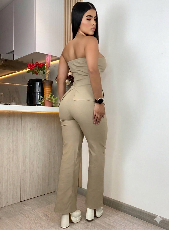 Pantalón Y Blusa Strapless Botón Formal