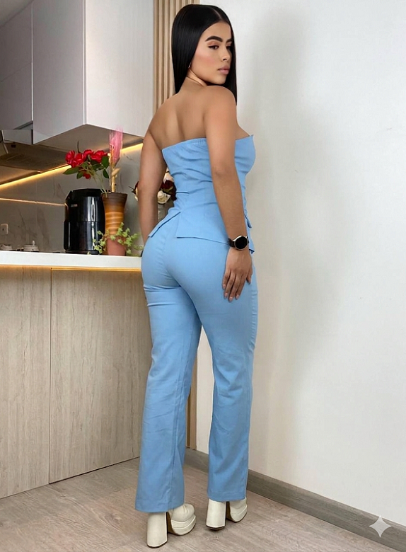 Pantalón Y Blusa Strapless Botón Formal