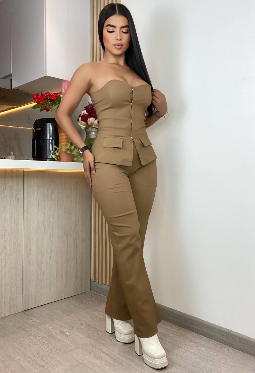 Pantalón Y Blusa Strapless Botón Formal