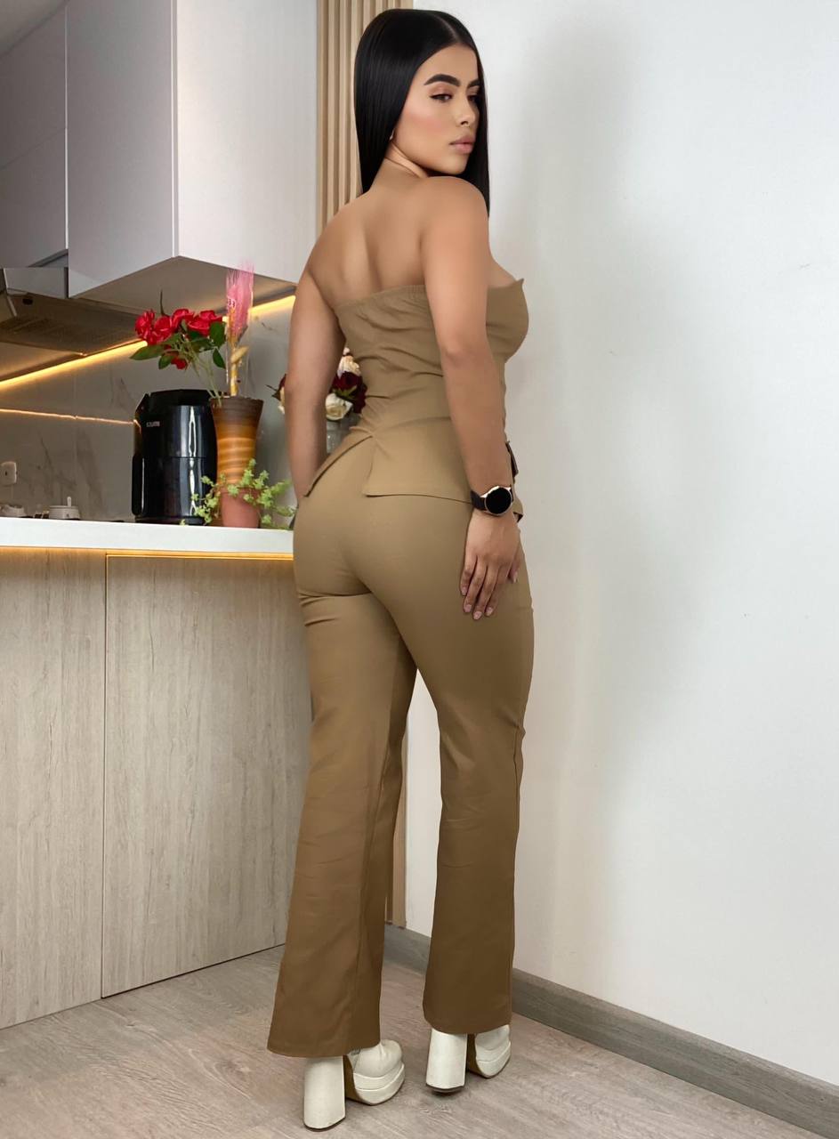 Pantalón Y Blusa Strapless Botón Formal